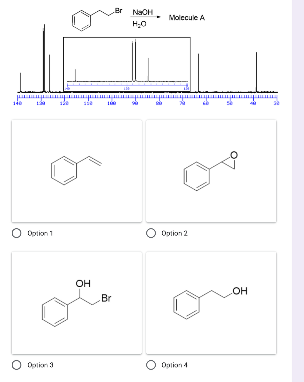 Br
NaOH
Molecule A
H20
140
130
120
140
130
120
110
100
90
80
70
60
50
40
30
O Option 1
O Option 2
OH
LOH
Br
Option 3
Option 4
