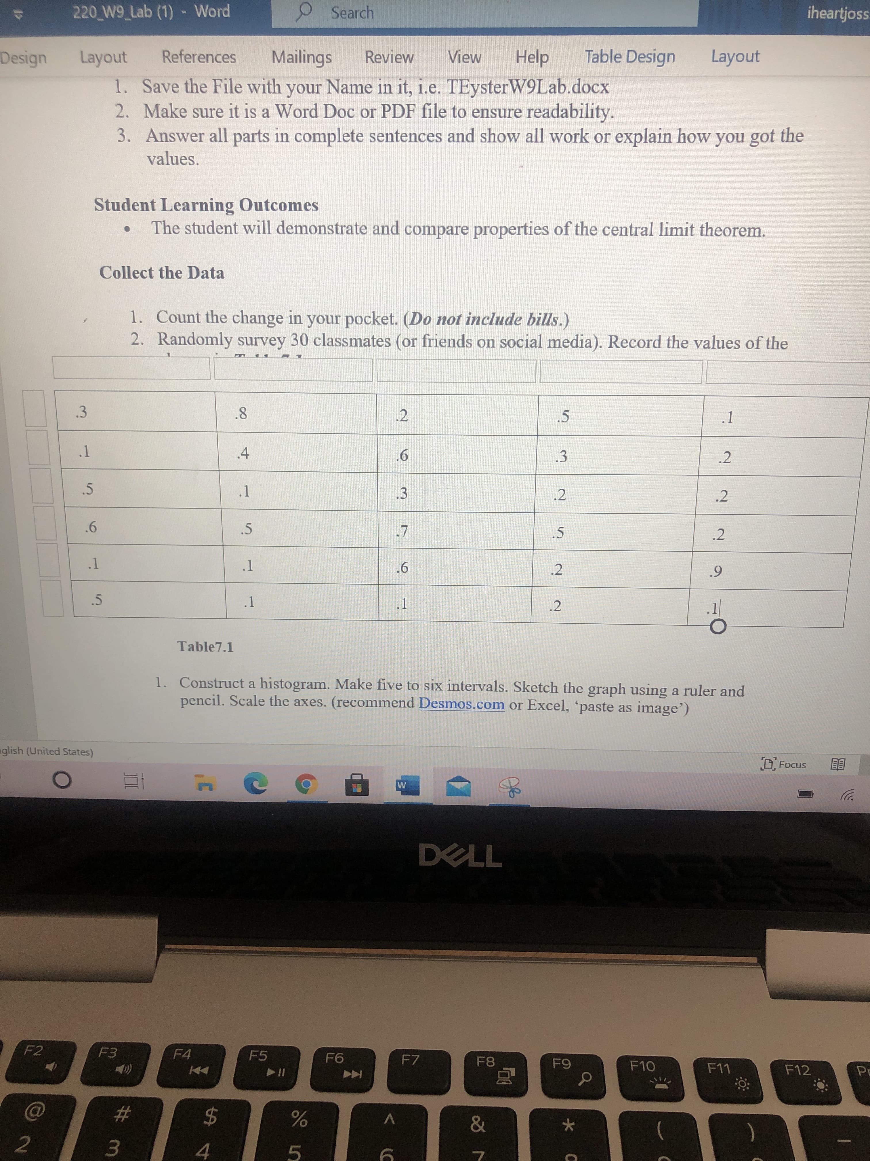 1. Construct a histogram. Make five to six intervals. Sketch the graph using a ruler and
pencil. Scale the axes. (recommend Desmos.com or Excel, 'paste as image')
