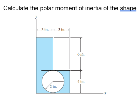 Calculate the polar moment of inertia of the shape
-3 in.-–3 in.-
6 in.
4 in.
2 in.
