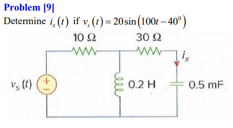 Problem [9]
Determine i (t) if v, (t) = 20 sin (100t – 40°)
10 2
30 2
Vs (t)
+.
0.2 H
0.5 mF
elle
