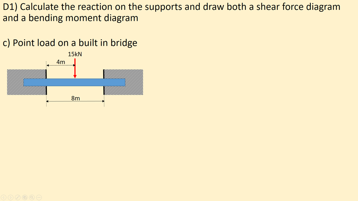 D1) Calculate the reaction on the supports and draw both a shear force diagram
and a bending moment diagram
c) Point load on a built in bridge
15kN
4m
8m
