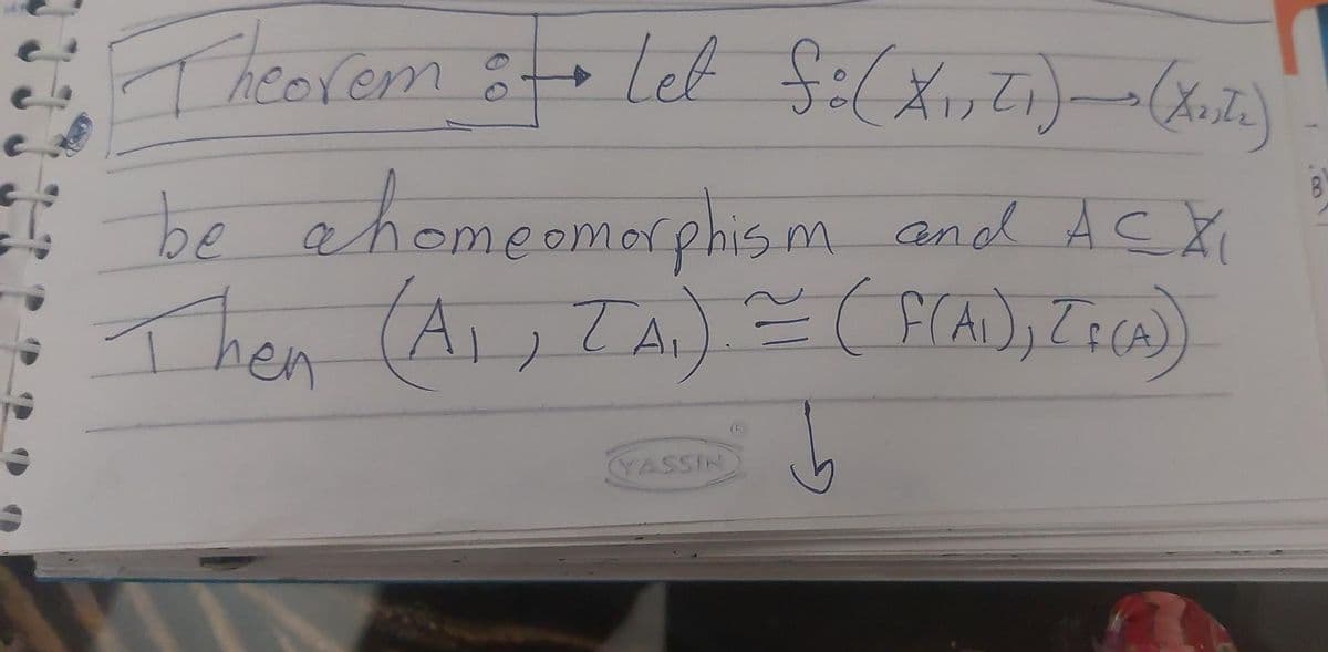 Theorem of let fö (X₁,7₁) (X₁ste)
-
I
be a homeomorphism and ACX₁
Then (A₁, ZA₁) = (F(A), ZICA))
TA
YASSIN