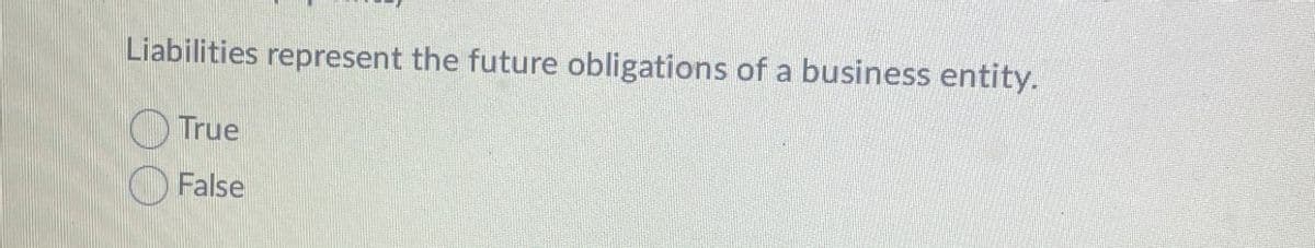 Liabilities represent the future obligations of a business entity.
True
False