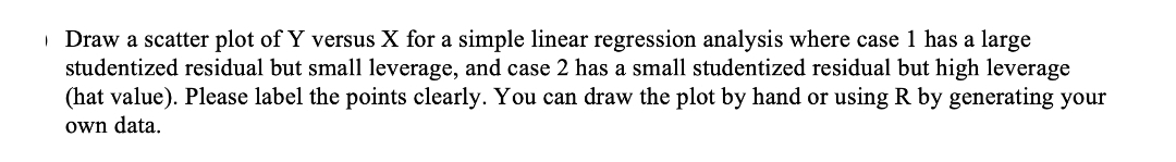 | Draw a scatter plot of Y versus X for a simple linear regression analysis where case 1 has a large
studentized residual but small leverage, and case 2 has a small studentized residual but high leverage
(hat value). Please label the points clearly. You can draw the plot by hand or using R by generating your
own data.
