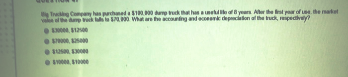 Blg Trucking Company has purchased a $100,000 dump truck that has a uselul life of 8 years. After the first year of use, the market
value of the dump truck falls to $70,000. What are the accounting and economic depreciation of the truck, respectively?
O S30000, S12500
O S70000, 825000
• $12500, S30000
O S10000, $10000
