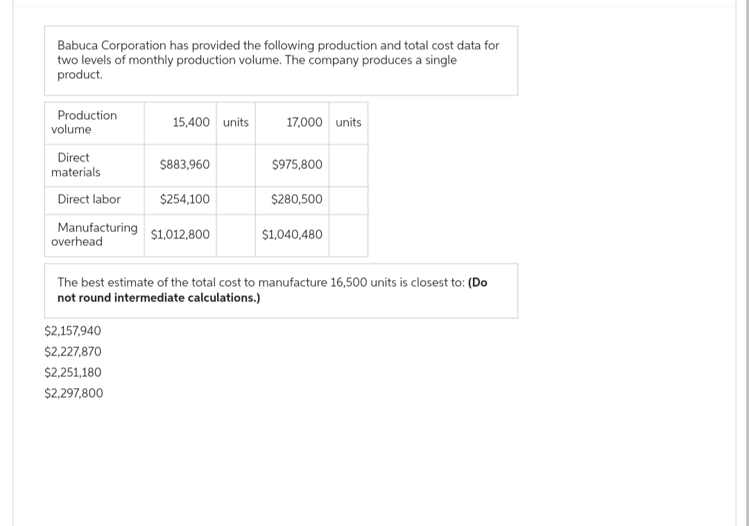 Babuca Corporation has provided the following production and total cost data for
two levels of monthly production volume. The company produces a single
product.
Production
volume
Direct
materials
Direct labor
Manufacturing
overhead
15,400 units
$2,157,940
$2,227,870
$2,251,180
$2,297,800
$883,960
$254,100
$1,012,800
17,000 units
$975,800
$280,500
$1,040,480
The best estimate of the total cost to manufacture 16,500 units is closest to: (Do
not round intermediate calculations.)