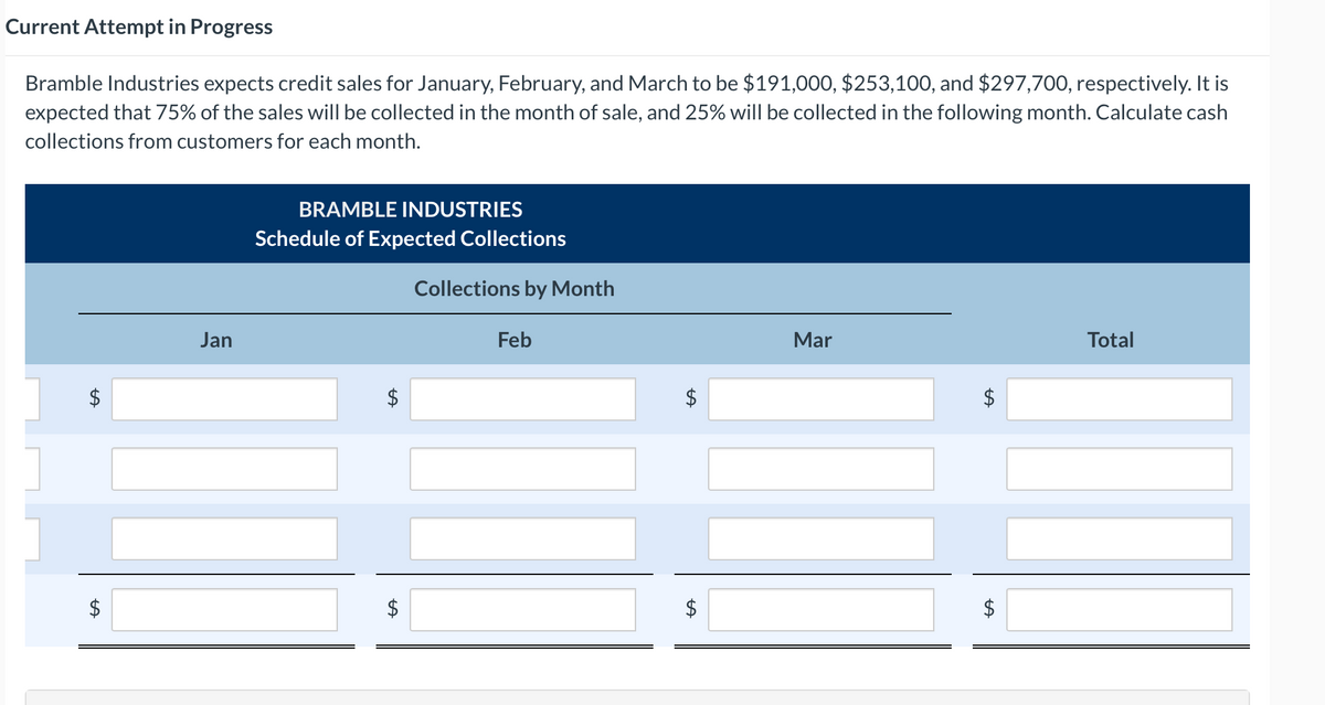 Current Attempt in Progress
Bramble Industries expects credit sales for January, February, and March to be $191,000, $253,100, and $297,700, respectively. It is
expected that 75% of the sales will be collected in the month of sale, and 25% will be collected in the following month. Calculate cash
collections from customers for each month.
+A
Jan
BRAMBLE INDUSTRIES
Schedule of Expected Collections
AA
Collections by Month
Feb
LA
LA
Mar
LA
LA
Total