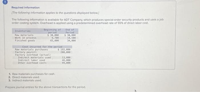 Required information
[The following information applies to the questions displayed below]
The following information is available for ADT Company, which produces special-order security products and uses a job
order costing system. Overhead is applied using a predetermined overhead rate of 55% of direct labor cost.
Inventories
Raw materials
Work in process
Finished goods
Beginning of
period
$30,000
9,700
65,000
Cast incurred for the period
Raw materials purchases
Factory payroll
Factory overhead (actual)
Indirect materials used
Indirect labor used
Other overhead costs.
End of
Period
$ 30,000
18,500
34,000
$ 193,000
200,000
13,000
46,000
99,000
1. Raw materials purchases for cash.
2. Direct materials used.
3. Indirect materials used.
Prepare journal entries for the above transactions for the period.