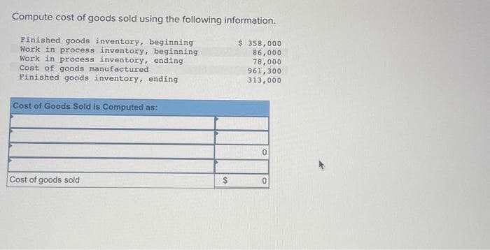 Compute cost of goods sold using the following information.
Finished goods inventory, beginning
Work in process inventory, beginning
Work in process inventory, ending
Cost of goods manufactured
Finished goods inventory, ending
Cost of Goods Sold is Computed as:
Cost of goods sold
$
$ 358,000
86,000
78,000
961,300
313,000
0
0