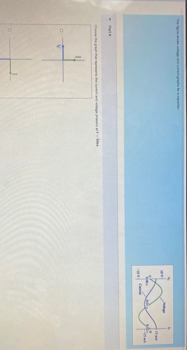 The figure shows voltage and current graphs for a capacitor.
Voltage
10 V
15 mA
0,00s
0.0i s
0,02s
F-15 mA
Current
-10v-
Part A
Choose the graph that represents the current and voltage phasors at t= 5ms
V
