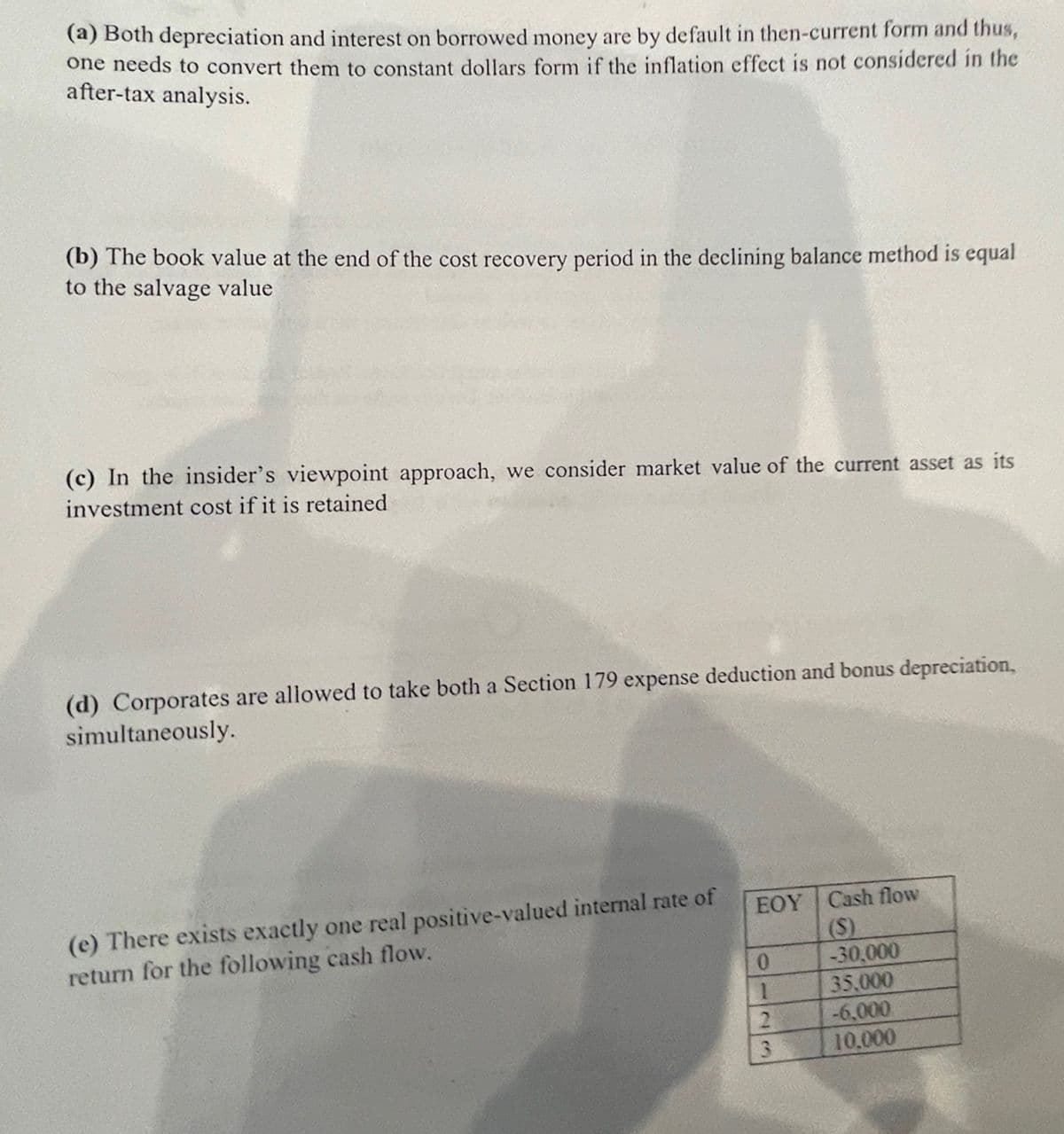 (a) Both depreciation and interest on borrowed money are by default in then-current form and thus,
one needs to convert them to constant dollars form if the inflation effect is not considered in the
after-tax analysis.
(b) The book value at the end of the cost recovery period in the declining balance method is equal
to the salvage value
(c) In the insider's viewpoint approach, we consider market value of the current asset as its
investment cost if it is retained
(d) Corporates are allowed to take both a Section 179 expense deduction and bonus depreciation,
simultaneously.
(e) There exists exactly one real positive-valued internal rate of
return for the following cash flow.
EOY
1
23
3
Cash flow
(S)
-30,000
35,000
-6,000
10,000