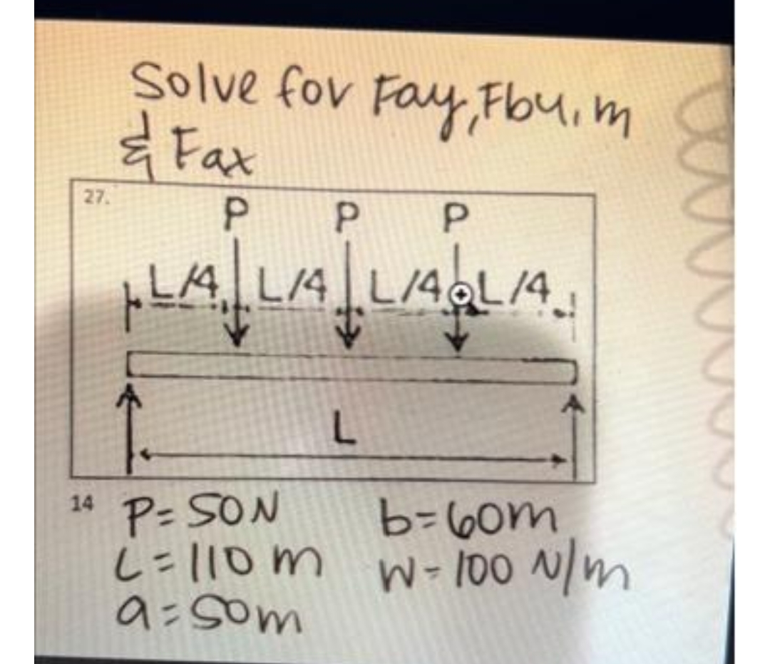 27.
Solve for Fay, Fby.m
& Fax
P P P
LA LA LIAGLIA.
↑.
14 P = SON
b=60m
c=110m w-100 N/m
9=50m
L