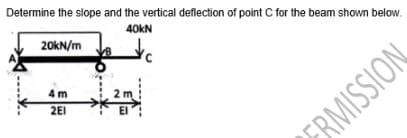 Determine the slope and the vertical deflection of point C for the beam shown below.
40KN
20KN/m
4 m
2 m
2EI
El
FRMISSION
