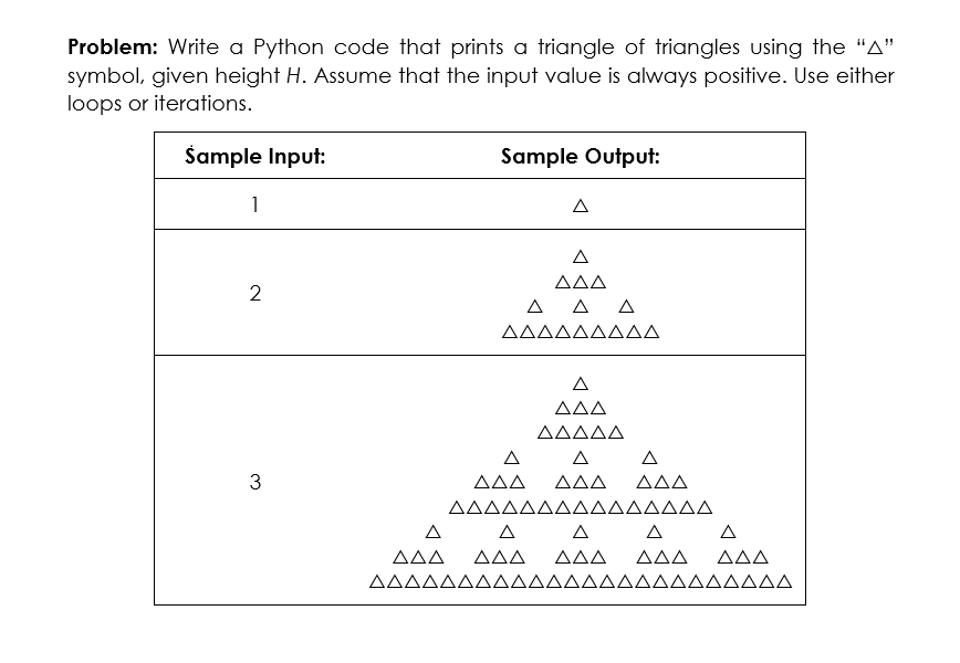 Problem: Write a Python code that prints a triangle of triangles using the "A"
symbol, given height H. Assume that the input value is always positive. Use either
loops or iterations.
Šample Input:
Sample Output:
1
A
A
ΔΔ
2
A A A
ΔΔΔΔΔΔΔΔΔ
Δ
AAA
AAAAA
A
A
A
AAA
AAA
AAA
AAAAAAAAAAAAAA
A
A A A
A
AAA
AAA
AAA
AAA
AAA
AAAAAAAAA
AAAAAA
