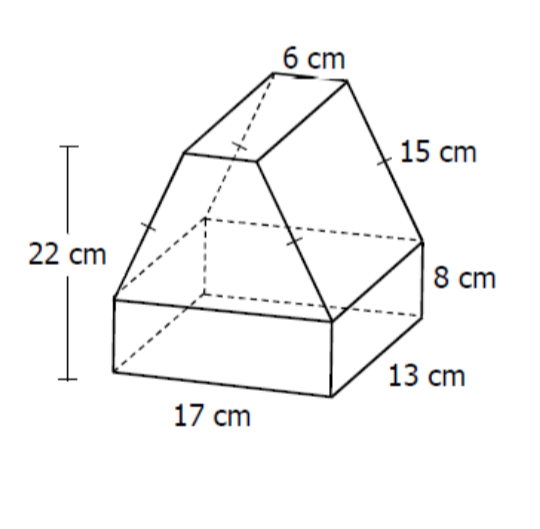 This diagram displays a three-dimensional geometric structure comprised of a combination of rectangular and trapezoidal shapes. The dimensions of the structure are clearly labeled to provide a comprehensive understanding of its size and shape. Here are the detailed measurements of each section:

- **Top Rectangle:**
  - Length: 6 cm
  - Height: 15 cm

- **Middle Trapezoid:**
  - Height: 8 cm
  - Top Base: 6 cm
  - Bottom Base: 13 cm
  - Sides: The lengths of the non-parallel sides are not provided, but they connect the top and bottom bases of the trapezoid.

- **Bottom Rectangle:**
  - Length: 17 cm
  - Height: 8 cm
  - Depth (common for both top and bottom rectangles): 15 cm

- **Overall Height of Structure:** 
  - Total height combining the top rectangle, middle trapezoid, and bottom rectangle: 22 cm. This dimension is derived from the sum of the heights of the contributing shapes (8 cm from the middle section and 14 cm from the combined dimensions of the top and bottom sections).

This arrangement and its dimensions are useful for calculating surface area, volume, and understanding the geometric properties of the structure.