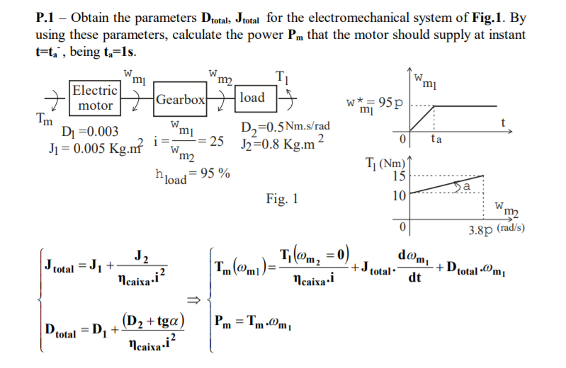 P.1 – Obtain the parameters Dtotal, Jtotal for the electromechanical system of Fig.1. By
using these parameters, calculate the power Pm that the motor should supply at instant
t=t,', being t=1s.
'mi
Electric
W.
m
Gearbox
load
w*= 95p
motor
Tm
DI =0.003
J1 = 0.005 Kg.m
W
D,=0.5Nm.s/rad
t
i =
25
J2=0.8 Kg.m2
ta
Wm2
T¡ (Nm)1
15
hload= 95 %
Sa
Fig. 1
10
3.8p (rad/s)
J2
J total = J1 +-
Ncaixa-i?
T,lom, =
d@m
+J total·
| Tm(@m1)
+D¢otal •Om1
dt
Ncaixa-i
(D2 +tga
Pm = Tm Pm1
total = D, +
Ncaixa i
