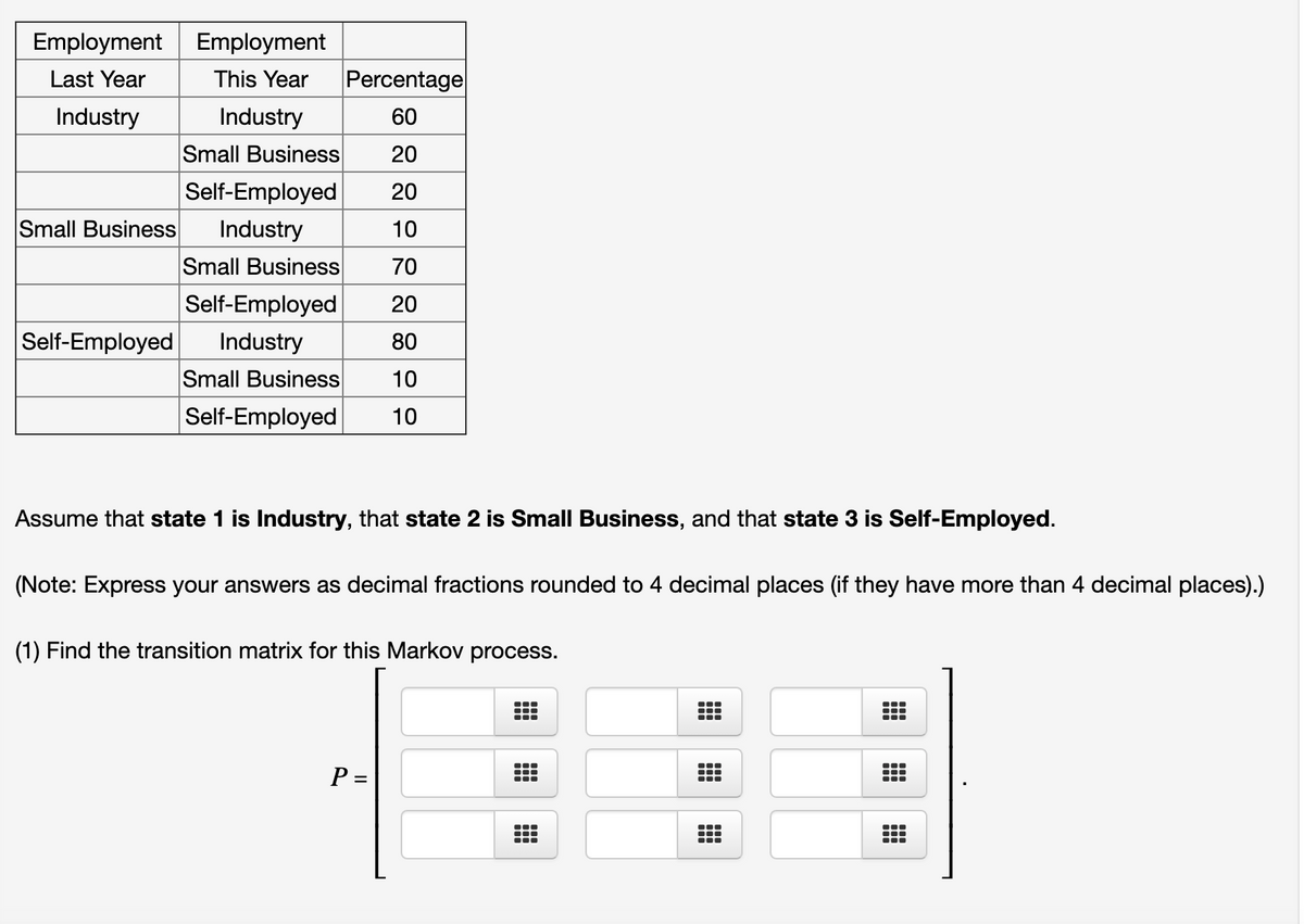 Employment
Employment
Last Year
This Year
Percentage
Industry
Industry
60
Small Business
20
Self-Employed
20
Small Business
Industry
10
Small Business
70
Self-Employed
20
Self-Employed
Industry
80
Small Business
10
Self-Employed
10
Assume that state 1 is Industry, that state 2 is Small Business, and that state 3 is Self-Employed.
(Note: Express your answers as decimal fractions rounded to 4 decimal places (if they have more than 4 decimal places).)
(1) Find the transition matrix for this Markov process.
P =
