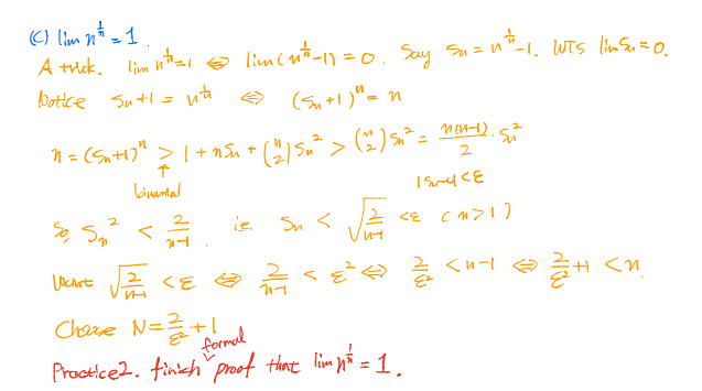 ) lim nt =1
A tuck.
bottce Su tl =
ut
n = (Sntt)" > | + n5u +
+ (")5,²> (*) * = mo1), S
2
bivantal
2.
ie.
Sn <
2.
Chare N=+1
formul
Proctice2. finkch proof thant lim nå = 1
