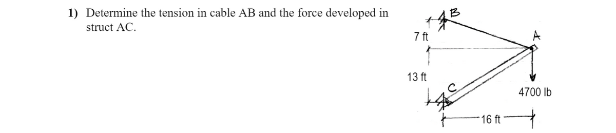 1) Determine the tension in cable AB and the force developed in
struct AC.
B
7 ft
13 ft
4700 lb
16 ft
