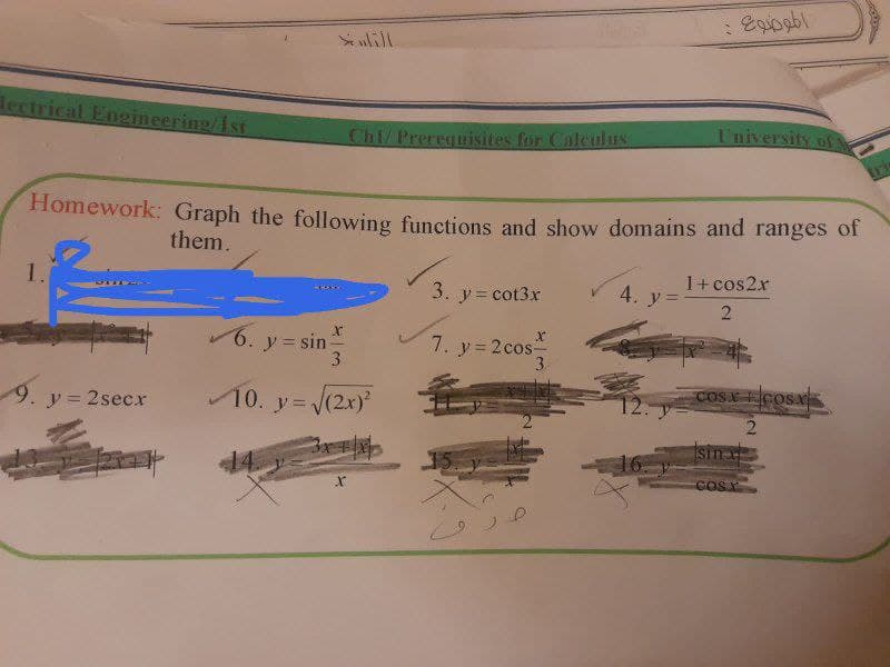 lectrical Engeineering/Ist
University of
Chl/Prerequisites for Caleulus
Homework: Graph the following functions and show domains and ranges of
them.
1+cos2x
1.
3. y = cot3x
4. y
6. y = sin
3
7. y= 2 cos
3
COSX Cosx
9. y= 2secr
10. y= (2x)
sin-
COSY
