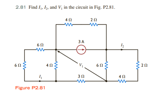 2.81 Find I, I, and V, in the circuit in Fig. P2.81.
4Ω
20
ЗА
6Ωξ
4 .
V1
6Ω
3Ω
Figure P2.81
