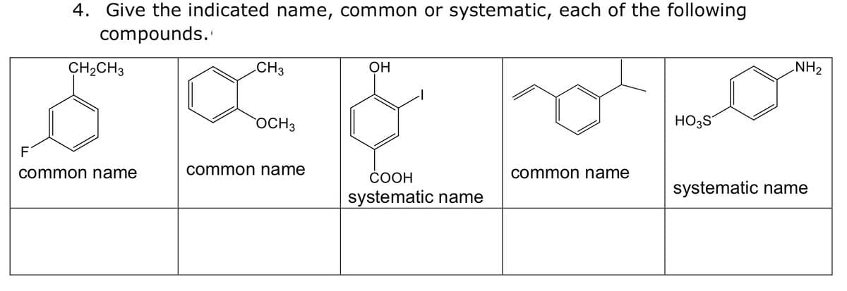 F
LL
4. Give the indicated name, common or systematic, each of the following
compounds.
CH₂CH3
common name
CH3
OCH 3
common name
OH
COOH
systematic name
common name
HO3S
NH₂
systematic name