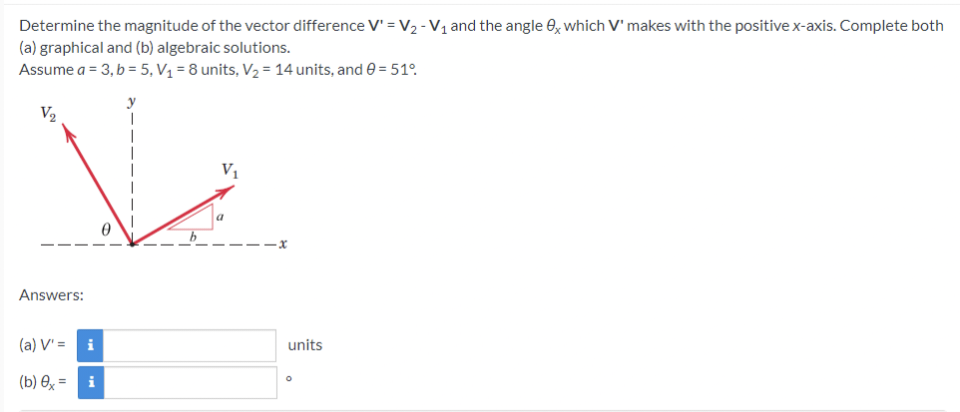 Determine the magnitude of the vector difference V' = V₂ - V₁ and the angle 0x which V' makes with the positive x-axis. Complete both
(a) graphical and (b) algebraic solutions.
Assume a = 3, b = 5, V₁ = 8 units, V₂ = 14 units, and 0 = 51°
V₂
Answers:
(a) V' = i
(b) ex = i
-x
units