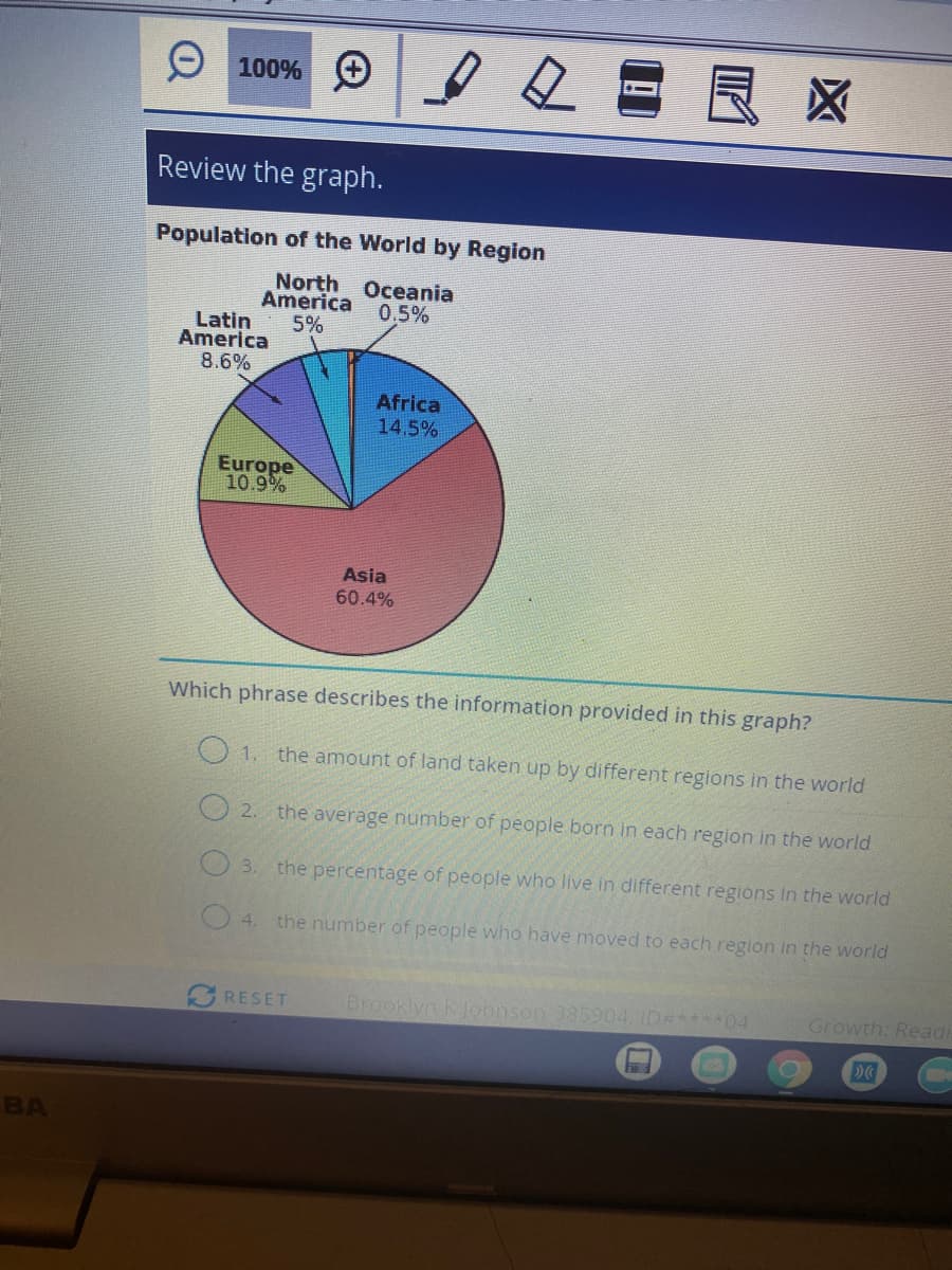 100% +
Review the graph.
Population of the World by Region
North Oceania
America
5%
0.5%
Latin
America
8.6%
Africa
14.5%
Europe
10.9%
Asia
60.4%
Which phrase describes the information provided in this graph?
1. the amount of land taken up by different regions in the world
O 2. the average number of people born in each region in the world
O 3.
the percentage of people who live in different regions in the world
O 4. the number of people who have moved to each region in the world
GRESET
Brooklyn KJohnson-385904, ID#****04
Growth: Readi
BA
