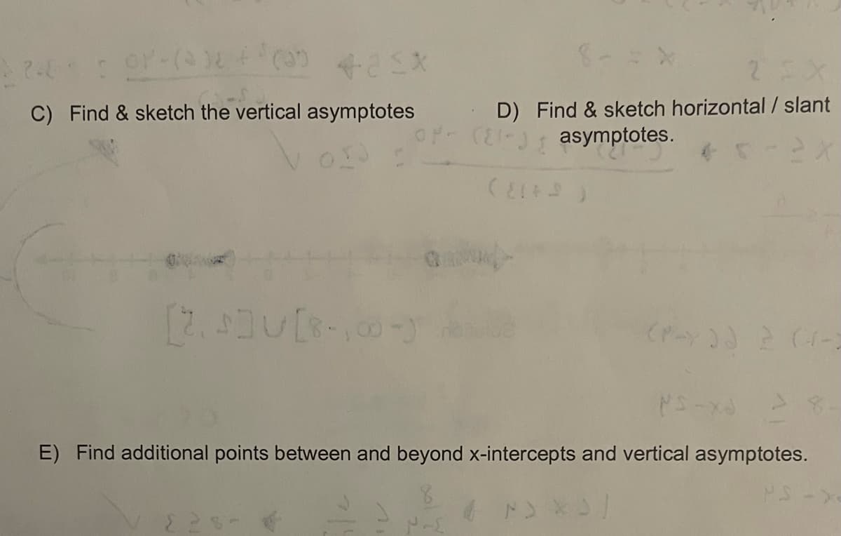 25X
D) Find & sketch horizontal / slant
()s asymptotes.
C) Find & sketch the vertical asymptotes
ドニーメ
E) Find additional points between and beyond x-intercepts and vertical asymptotes.
ドン
