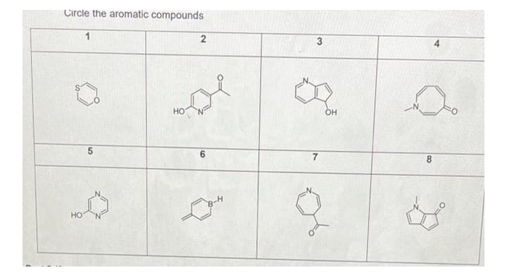 Circle the aromatic compounds
1
3
HO
OH
6.
8.
HO
