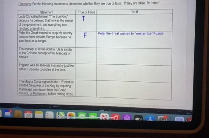 Directiona: For the following statements, determine whether they are true or falso. If they are false, fix them!
Fix it!
True or False
T
Statement
Louis XIV called himself The Sun King"
because he believed that he was the center
of the government, and everything else
revolved around him.
Peter the Great wanted to keep his country
Isolated from westen Europe because he
saw them as a danger.
Peter the Great wanted to "westernize" Russia
F
The concept of divine right to rule is similar
to the Chinese concept of the Mandate of
heaven.
England was an absolute monarchy just like
Other European countries at the time.
The Magna Carta, signed in the 13 century
Limited the power of the King by requiring
that he get permission from the Grand
Coundil, or Parliament, before raising taxes.
26
tv
