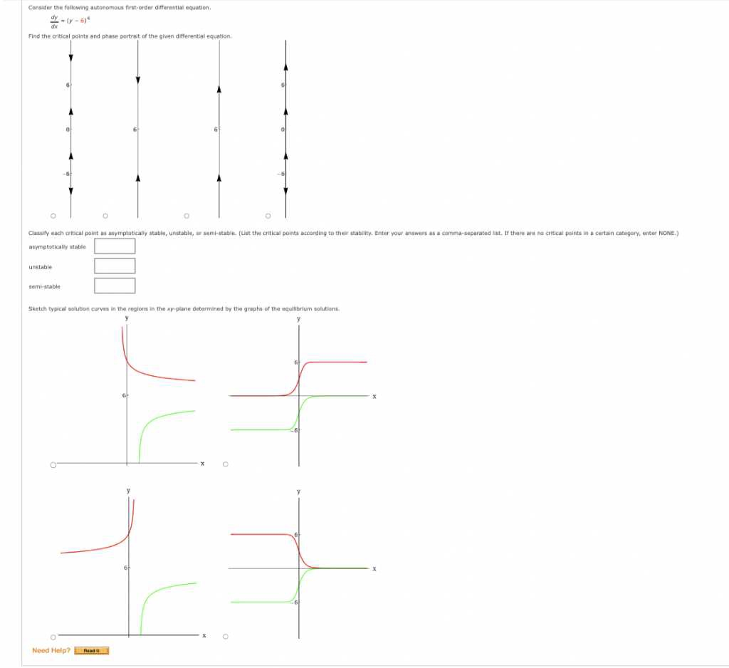 Consider the following autonomous first-order differential equation
=(y-6)*
dx
Find the critical points and phase portrait of the given differential equation.
O
Classify each critical point as asymptatically stable, unstable, ar semi-stable. (List the critical points according to their stability. Enter your answers as a comma-separated list. If there are no critical points in a certain category, enter NONE.)
asymptotically stable
unstable
semi-stable
Sketch typical solution curves in the regions in the xy-plane determined by the graphs of the equilibrium solutions.
Need Help? Read
4