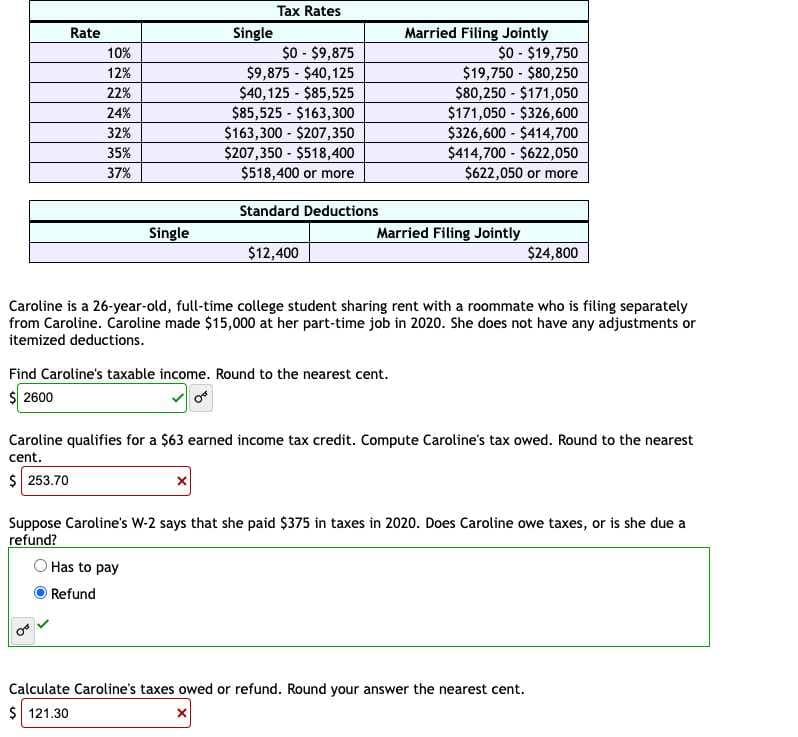 Rate
10%
12%
22%
24%
32%
35%
37%
Single
Single
Tax Rates
Has to pay
Refund
$0 - $9,875
$9,875 - $40,125
$40,125 - $85,525
$85,525 $163,300
$163,300 - $207,350
$207,350 - $518,400
$518,400 or more
Standard Deductions
x
$12,400
Find Caroline's taxable income. Round to the nearest cent.
$ 2600
Married Filing Jointly
$0-$19,750
$19,750 $80,250
$80,250 - $171,050
$171,050 - $326,600
$326,600-$414,700
$414,700 - $622,050
$622,050 or more
Married Filing Jointly
Caroline is a 26-year-old, full-time college student sharing rent with a roommate who is filing separately
from Caroline. Caroline made $15,000 at her part-time job in 2020. She does not have any adjustments or
itemized deductions.
Caroline qualifies for a $63 earned income tax credit. Compute Caroline's tax owed. Round to the nearest
cent.
$ 253.70
$24,800
Suppose Caroline's W-2 says that she paid $375 in taxes in 2020. Does Caroline owe taxes, or is she due a
refund?
Calculate Caroline's taxes owed or refund. Round your answer the nearest cent.
$ 121.30
x