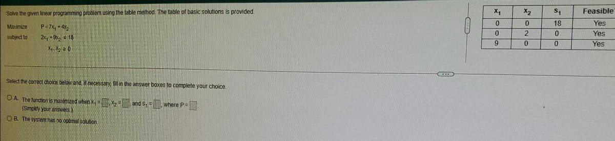 Solve the given linear programming problem using the table method. The table of basic solutions is provided.
X2
Feasible
18
Yes
Maximize
P=7x, + 4X,
2x, +9x, s 18
21
Yes
Yes
0.
0.
subject to
9.
Select the correct choice below and, if necessary, fill in the answer boxes to complete your choice.
O A. The function is maximized when x
2 and s,= where P=.
(Simplify your answers
O B. The system has no optimal solution
