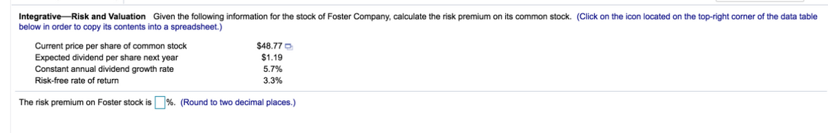 Integrative-Risk and Valuation Given the following information for the stock of Foster Company, calculate the risk premium on its common stock. (Click on the icon located on the top-right corner of the data table
below in order to copy its contents into a spreadsheet.)
Current price per share of common stock
Expected dividend per share next year
Constant annual dividend growth rate
$48.77 O
$1.19
5.7%
Risk-free rate of return
3.3%
The risk premium on Foster stock is %. (Round to two decimal places.)
