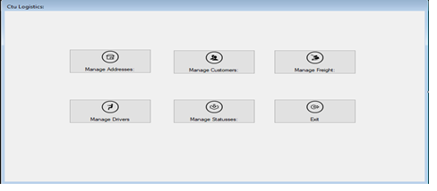 Ctu Legistics
Manage Adesses:
Manage Customer
Manage Freige
Manage Drivers
Manage Statusses:
