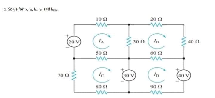 1. Solve for la, In, Ic, lo, and Itatal.
10 Ω
20 2
(20 V
30 Ω
40 1
50 0
60 N
70 2
(30 V)
(40 V)
80 N
90 N
