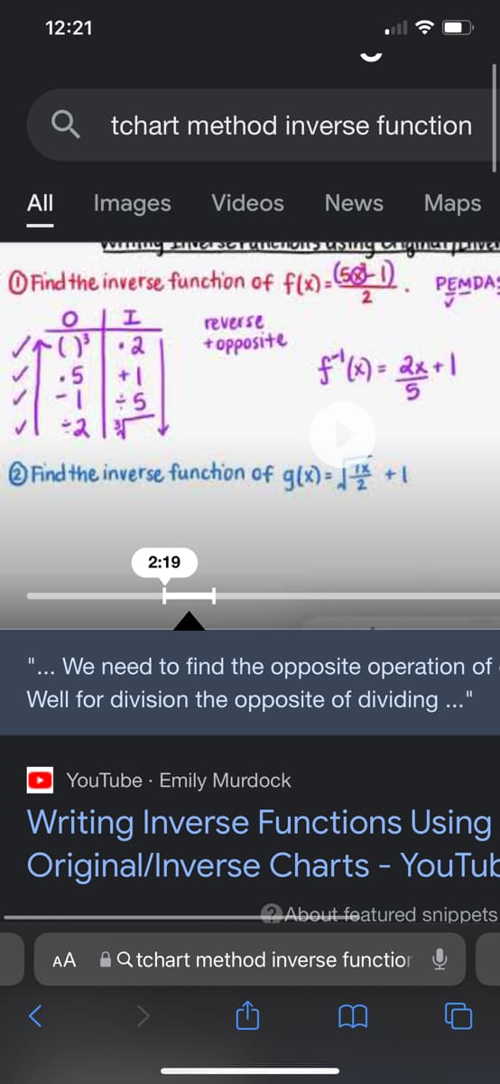 12:21
Qtchart method inverse function
Images Videos News Maps
wwwning stivelser unctions using iginarpaver
Find the inverse function of f(x)=(5-1). PEMDA
PEMDA
2
All
||
O I
•2
()³
+1
÷5
Find the inverse function of g(x)=√√ 1/2 + 1
reverse
+opposite ƒ^²(x) = 2x + 1
2:19
We need to find the opposite operation of
Well for division the opposite of dividing ..."
AA
YouTube. Emily Murdock
Writing Inverse Functions Using
Original/Inverse Charts - YouTub
About featured snippets
Qtchart method inverse function
8