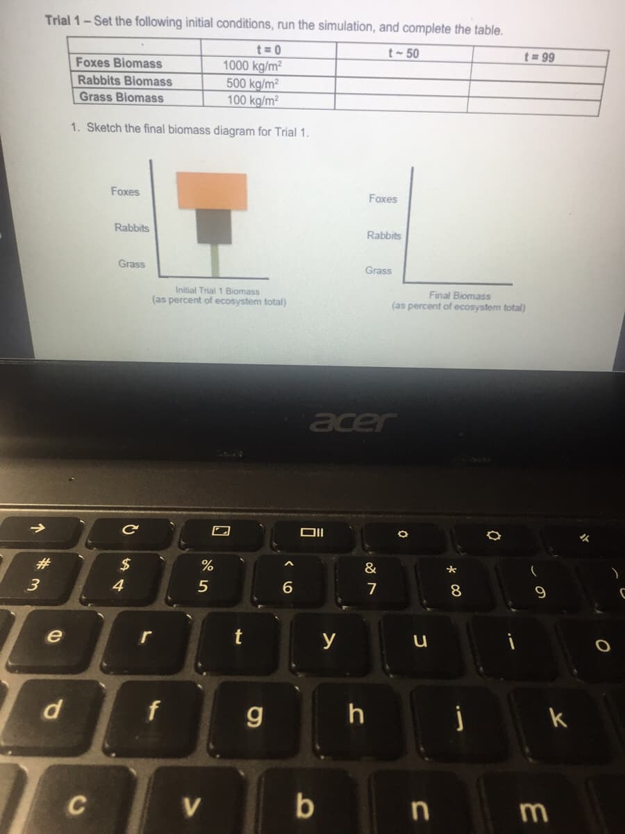 Trial 1-Set the following initial conditions, run the simulation, and complete the table.
t 0
1000 kg/m2
500 kg/m2
100 kg/m²
t-50
t = 99
Foxes Biomass
Rabbits Biomass
Grass Biomass
1. Sketch the final biomass diagram for Trial 1.
Foxes
Foxes
Rabbits
Rabbits
Grass
Grass
Initial Trial 1 Biomass
(as percent of ecosystem total)
Final Biomass
(as percent of ecosystem total)
acer
#3
2$
&
大
3
4
6
7
8
e
r
t
y
f
j
k
C
V
n
m
个
