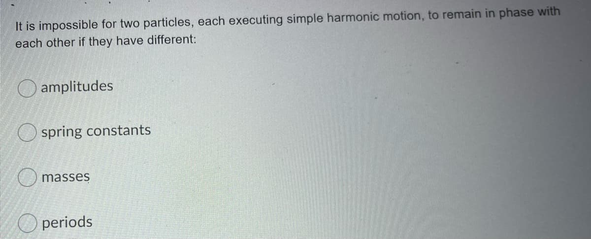 It is impossible for two particles, each executing simple harmonic motion, to remain in phase with
each other if they have different:
O amplitudes
spring constants
masses
periods
