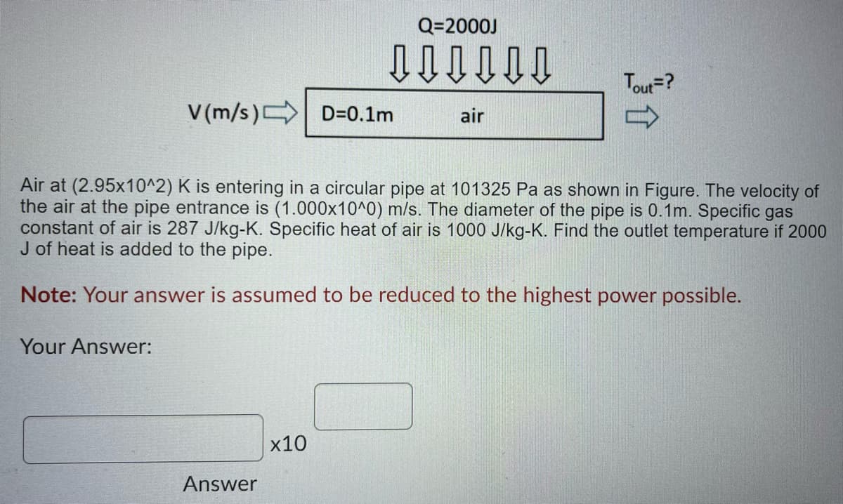 Q=2000J
Tout=?
V(m/s) D=0.1m
air
Air at (2.95x10^2) K is entering in a circular pipe at 101325 Pa as shown in Figure. The velocity of
the air at the pipe entrance is (1.000x10^0) m/s. The diameter of the pipe is 0.1m. Specific gas
constant of air is 287 J/kg-K. Specific heat of air is 1000 J/kg-K. Find the outlet temperature if 2000
J of heat is added to the pipe.
Note: Your answer is assumed to be reduced to the highest power possible.
Your Answer:
x10
Answer
