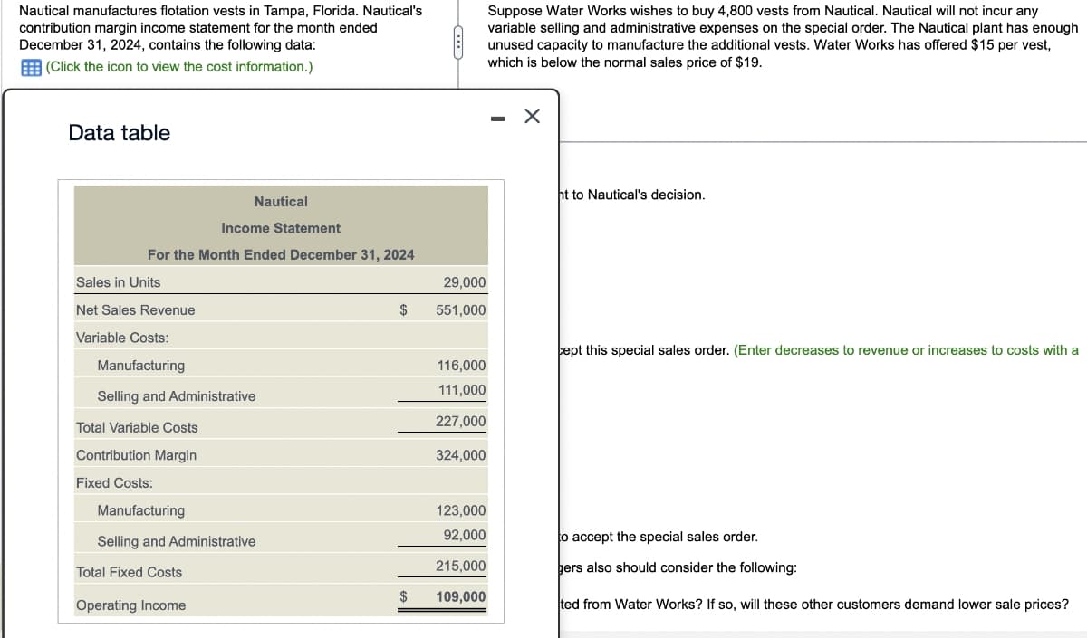 Nautical manufactures flotation vests in Tampa, Florida. Nautical's
contribution margin income statement for the month ended
December 31, 2024, contains the following data:
(Click the icon to view the cost information.)
Data table
Income Statement
For the Month Ended December 31, 2024
Sales in Units
Net Sales Revenue
Variable Costs:
Manufacturing
Selling and Administrative
Total Variable Costs
Contribution Margin
Nautical
Fixed Costs:
Manufacturing
Selling and Administrative
Total Fixed Costs
Operating Income
$
$
29,000
551,000
116,000
111,000
227,000
324,000
Suppose Water Works wishes to buy 4,800 vests from Nautical. Nautical will not incur any
variable selling and administrative expenses on the special order. The Nautical plant has enough
unused capacity to manufacture the additional vests. Water Works has offered $15 per vest,
which is below the normal sales price of $19.
123,000
92,000
215,000
109,000
X
ht to Nautical's decision.
cept this special sales order. (Enter decreases to revenue or increases to costs with a
to accept the special sales order.
gers also should consider the following:
ted from Water Works? If so, will these other customers demand lower sale prices?