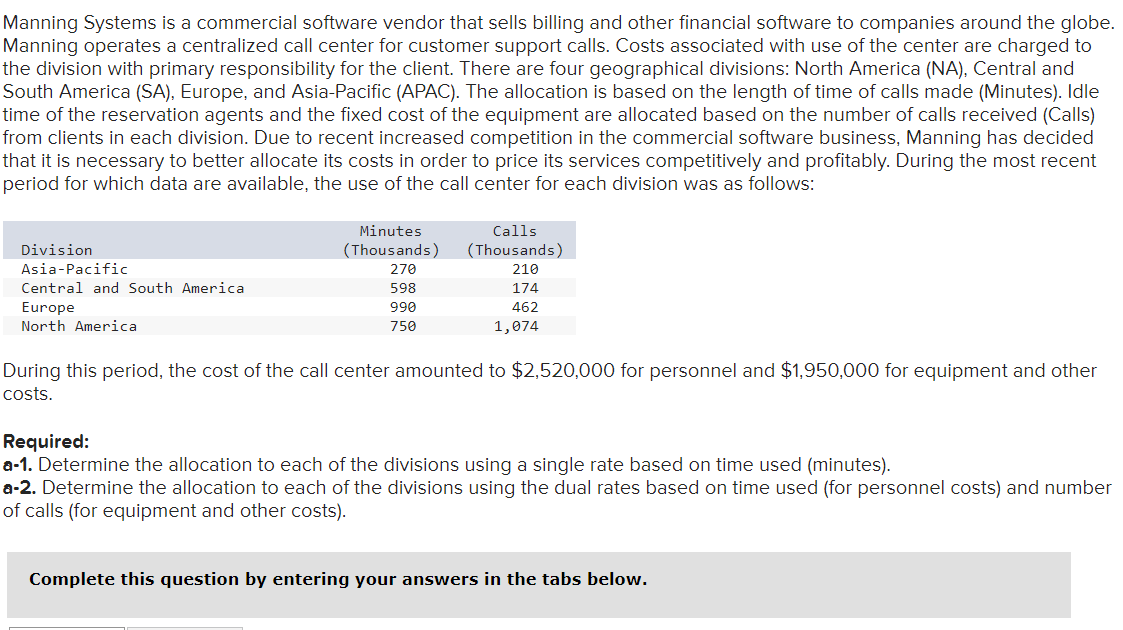 Manning Systems is a commercial software vendor that sells billing and other financial software to companies around the globe.
Manning operates a centralized call center for customer support calls. Costs associated with use of the center are charged to
the division with primary responsibility for the client. There are four geographical divisions: North America (NA), Central and
South America (SA), Europe, and Asia-Pacific (APAC). The allocation is based on the length of time of calls made (Minutes). Idle
time of the reservation agents and the fixed cost of the equipment are allocated based on the number of calls received (Calls)
from clients in each division. Due to recent increased competition in the commercial software business, Manning has decided
that it is necessary to better allocate its costs in order to price its services competitively and profitably. During the most recent
period for which data are available, the use of the call center for each division was as follows:
Division
Asia-Pacific
Central and South America
Europe
North America
Minutes
(Thousands)
270
598
990
750
Calls
(Thousands)
210
174
462
1,074
During this period, the cost of the call center amounted to $2,520,000 for personnel and $1,950,000 for equipment and other
costs.
Required:
a-1. Determine the allocation to each of the divisions using a single rate based on time used (minutes).
a-2. Determine the allocation to each of the divisions using the dual rates based on time used (for personnel costs) and number
of calls (for equipment and other costs).
Complete this question by entering your answers in the tabs below.