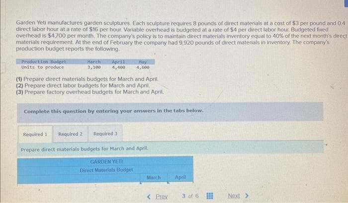 Garden Yeti manufactures garden sculptures. Each sculpture requires 8 pounds of direct materials at a cost of $3 per pound and 0.4
direct labor hour at a rate of $16 per hour. Variable overhead is budgeted at a rate of $4 per direct labor hour. Budgeted fixed
overhead is $4,700 per month. The company's policy is to maintain direct materials inventory equal to 40% of the next month's direct
materials requirement. At the end of February the company had 9,920 pounds of direct materials in Inventory. The company's
production budget reports the following.
Production Budget
Units to produce
March
3,100
April
4,400
May
4,500
(1) Prepare direct materials budgets for March and April
(2) Prepare direct labor budgets for March and April.
(3) Prepare factory overhead budgets for March and April.
Complete this question by entering your answers in the tabs below.
Required 3
Required 1 Required 2
Prepare direct materials budgets for March and April.
GARDEN YETI
Direct Materials Budget
March
< Prev
April
3 of 6
Next >