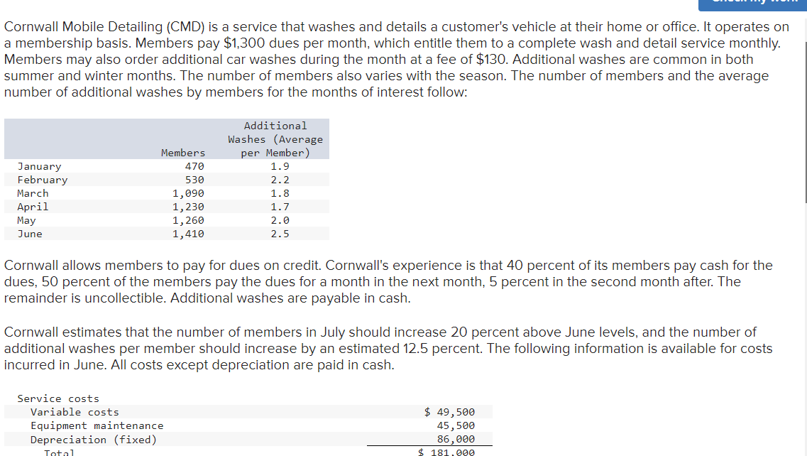 Cornwall Mobile Detailing (CMD) is a service that washes and details a customer's vehicle at their home or office. It operates on
a membership basis. Members pay $1,300 dues per month, which entitle them to a complete wash and detail service monthly.
Members may also order additional car washes during the month at a fee of $130. Additional washes are common in both
summer and winter months. The number of members also varies with the season. The number of members and the average
number of additional washes by members for the months of interest follow:
January
February
March
April
May
June
Members
470
530
Service costs
1,090
1,230
1,260
1,410
Additional
Washes (Average
per Member)
1.9
2.2
1.8
1.7
Cornwall allows members to pay for dues on credit. Cornwall's experience is that 40 percent of its members pay cash for the
dues, 50 percent of the members pay the dues for a month in the next month, 5 percent in the second month after. The
remainder is uncollectible. Additional washes are payable in cash.
Variable costs
Equipment maintenance.
Depreciation (fixed)
Total
2.0
2.5
Cornwall estimates that the number of members in July should increase 20 percent above June levels, and the number of
additional washes per member should increase by an estimated 12.5 percent. The following information is available for costs
incurred in June. All costs except depreciation are paid in cash.
$ 49,500
45,500
86,000
$ 181.000