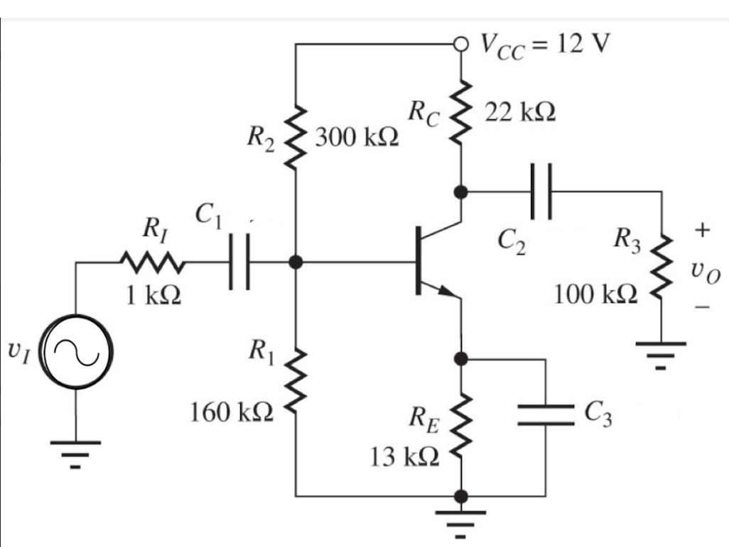 Vcc = 12 V
22 k2
RC
300 k2
R2
|
R1
C2
R3
100 kQ
1 kQ
UI
R1
160 kN
RE
C3
13 k2
