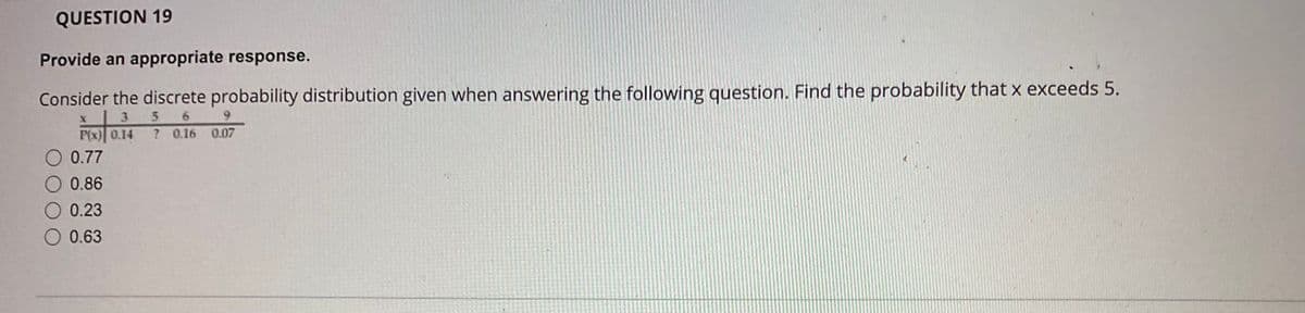 QUESTION 19
Provide an appropriate response.
Consider the discrete probability distribution given when answering the following question. Find the probability that x exceeds 5.
5 6
? 0.16 0.07
3
P(x) 0.14
O 0.77
O 0.86
O 0.23
O 0.63
