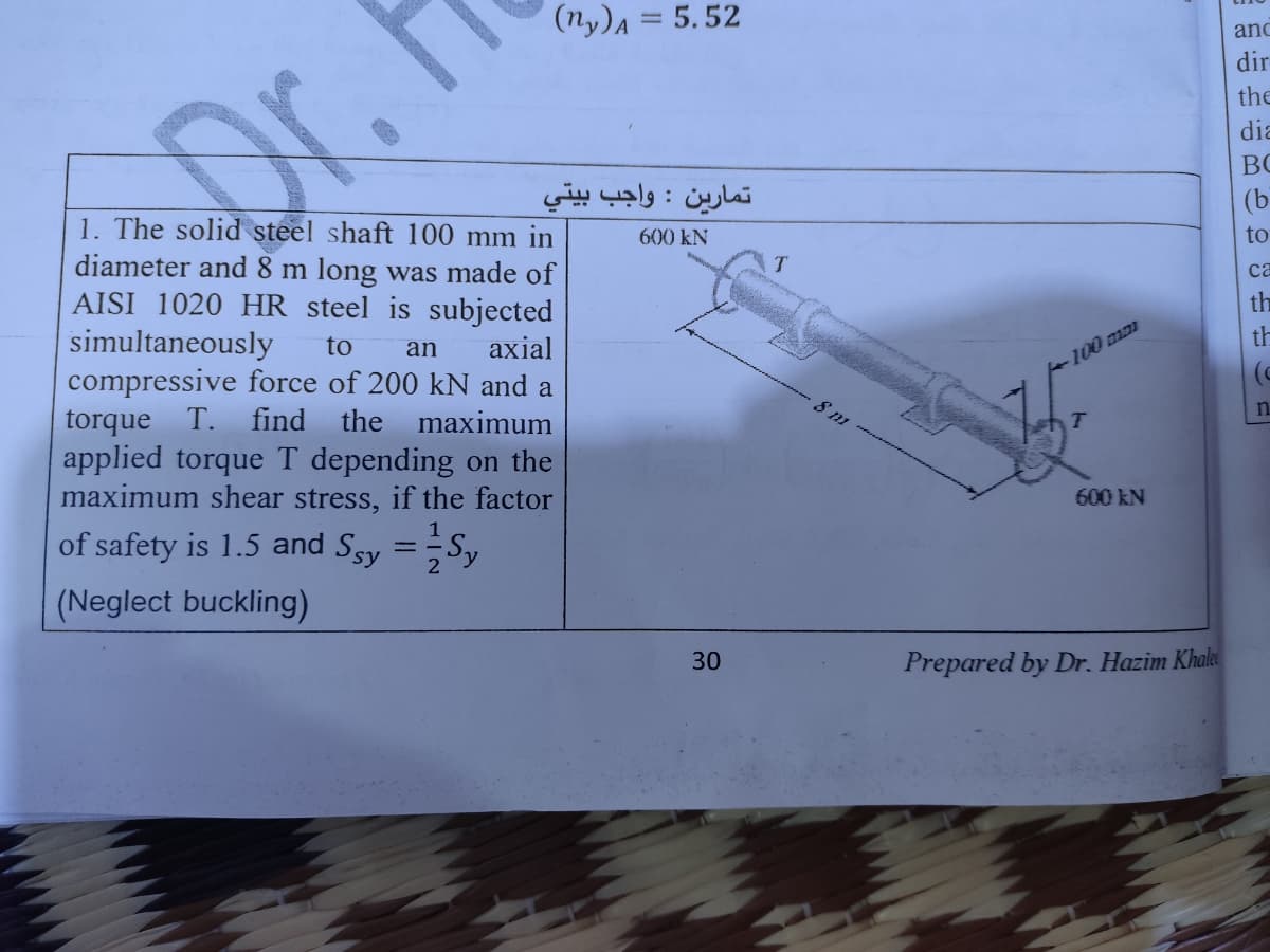 Dr.
(ny) A = 5.52
تمارين : واجب بيتي
1. The solid
steel shaft 100 mm in
diameter and 8 m long was made of
AISI 1020 HR steel is subjected
simultaneously
axial
to
an
compressive force of 200 kN and a
torque T. find the maximum
applied torque T depending on the
maximum shear stress, if the factor
of safety is 1.5 and Ssy === Sy
(Neglect buckling)
600 kN
30
T
100 mm
600 kN
Prepared by Dr. Hazim Khale
anc
dir
the
dia
BC
(b
to
ca
th
th
n