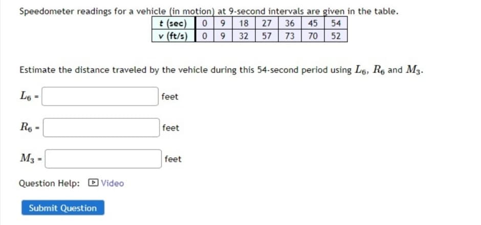 Speedometer readings for a vehicle (in motion) at 9-second intervals are given in the table.
t (sec) 09 18 27 36 45 54
0932 57 73 70 52
v (ft/s)
Estimate the distance traveled by the vehicle during this 54-second period using L6, R6 and M3.
L6 =
Ro
=
M3 =
Question Help: Video
Submit Question
feet
feet
feet