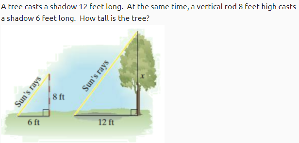 A tree casts a shadow 12 feet long. At the same time, a vertical rod 8 feet high casts
a shadow 6 feet long. How tall is the tree?
8 ft
6 ft
12 ft
Sun's rays
Sun's rays
